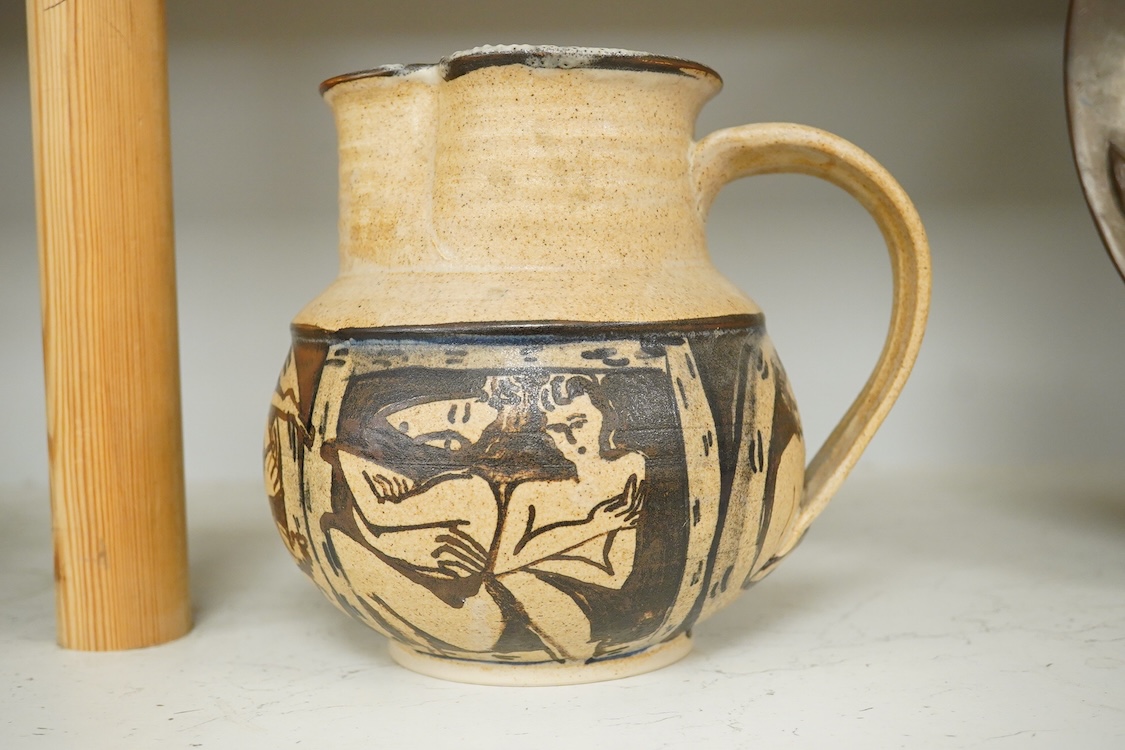 Yolande Beer (Sussex, contemporary), two Studio pottery vessels to include a vase in the form of a basket decorated with fish, largest